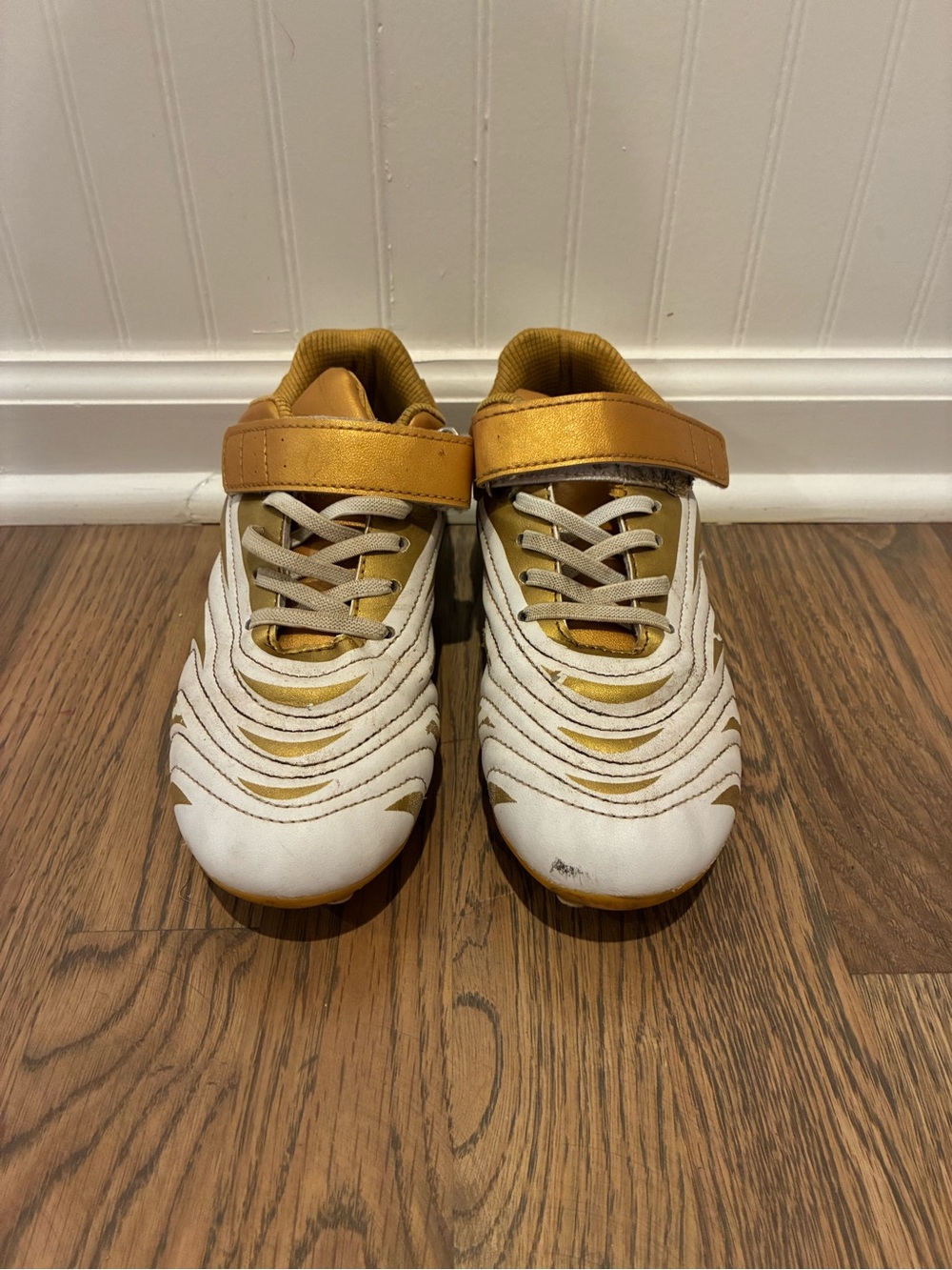 Kids Gold and White Athletic cleats with Hook-and-Loop Strap